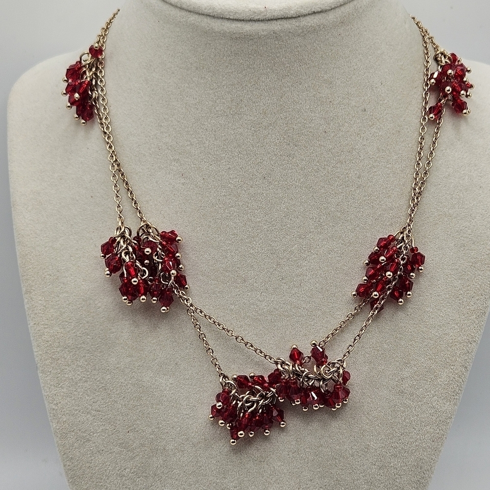 Talbots Red Beaded Cluster Gold Tone Convertible Necklace